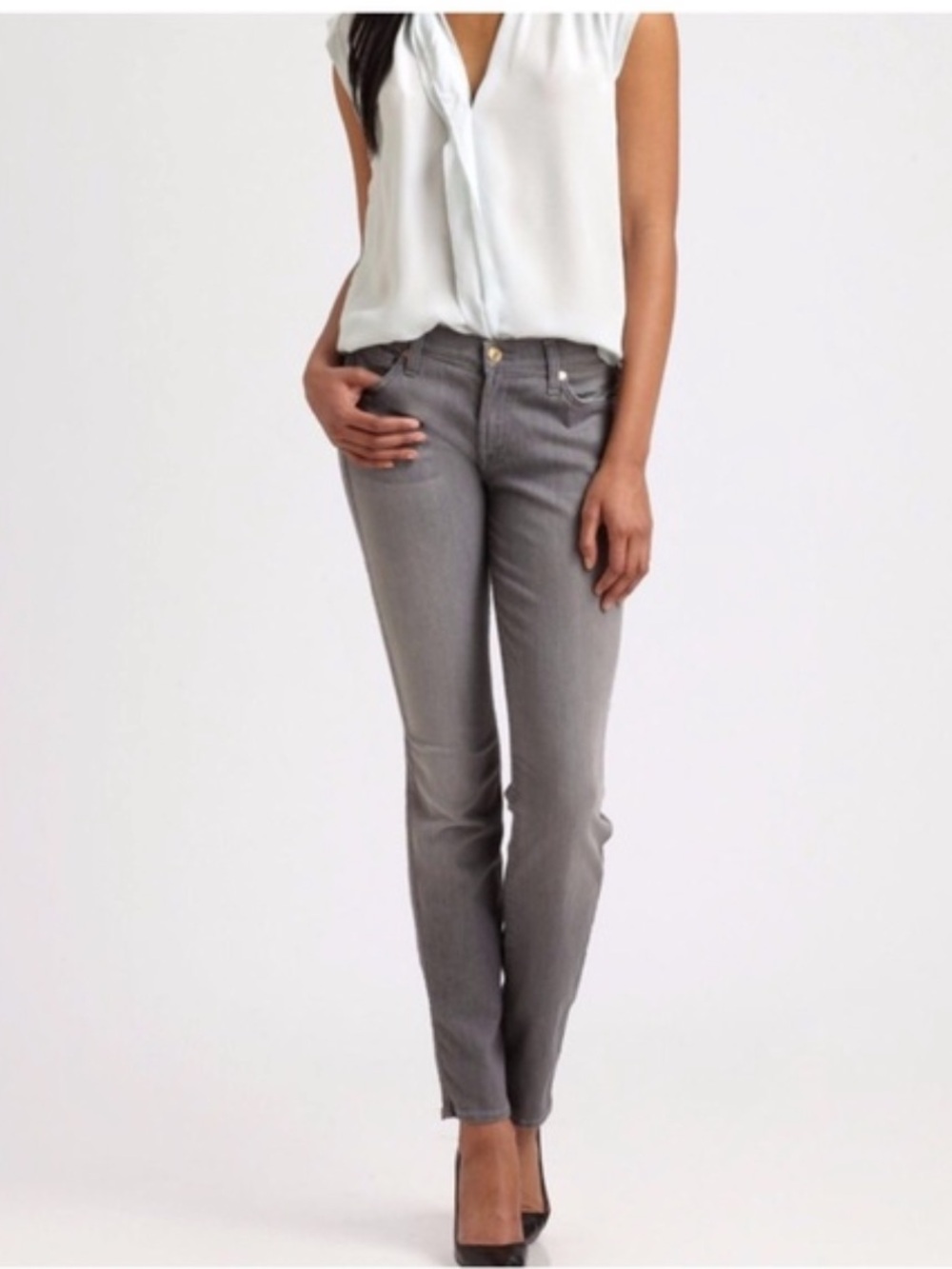 7 For All Mankind Luxe Vintage Josefina Grey Button Fly Mid Rise Jeans (Size 27)